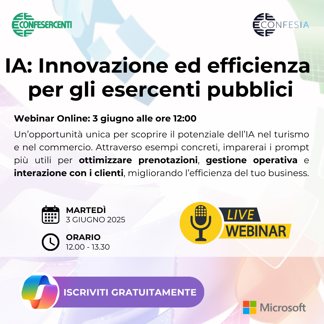 Intelligenza artificiale e Imprese: martedì 3 giugno evento formativo Confesercenti – Microsoft